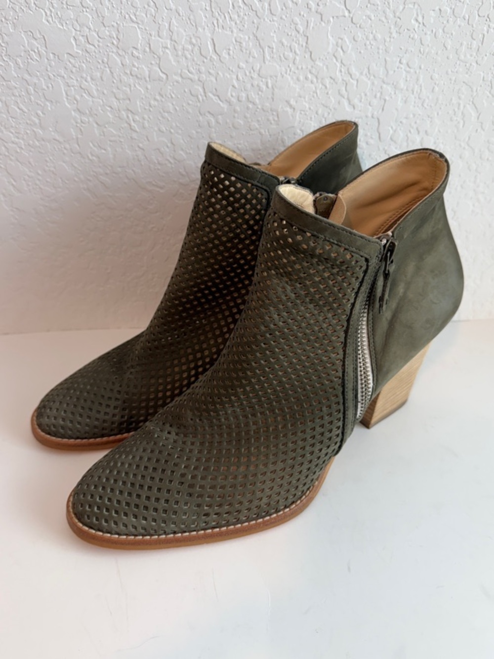 Paul Green Olive Suede Perforated Ankle Booties